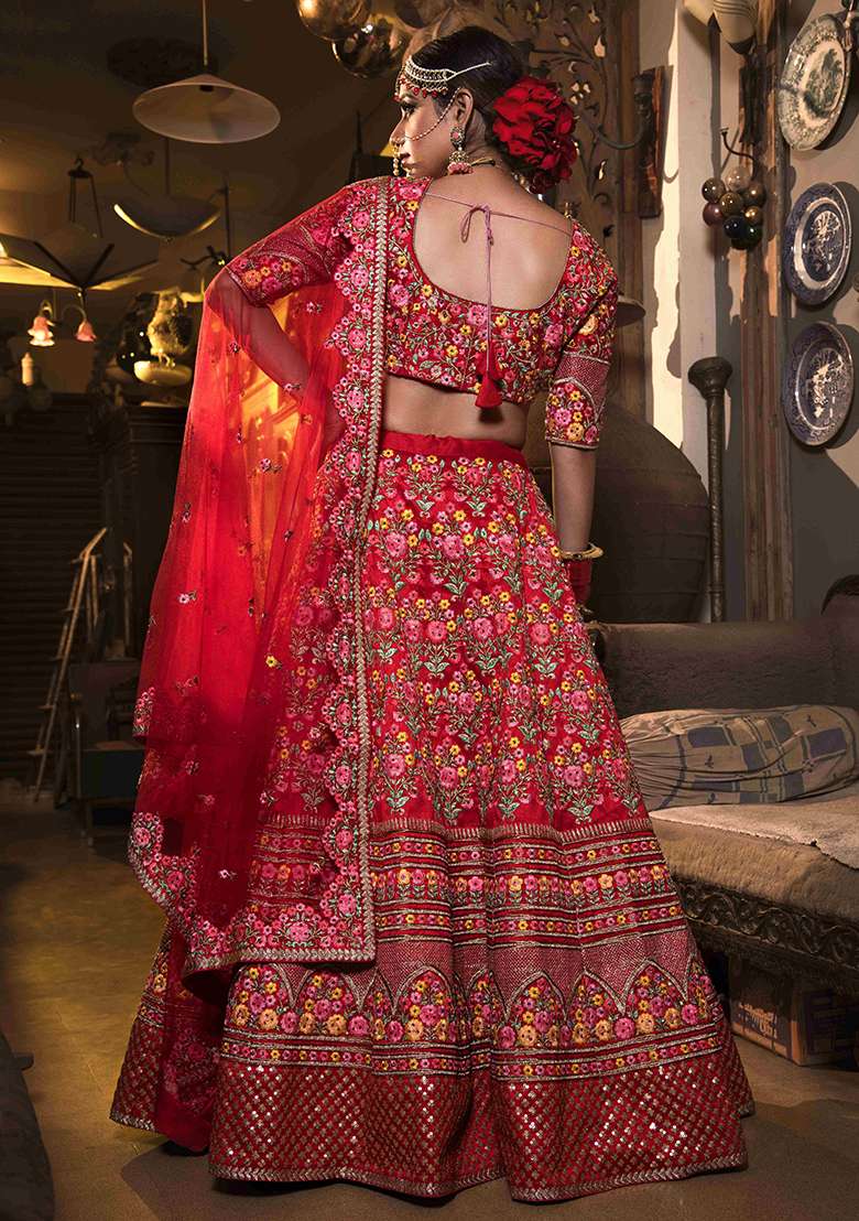 Red Sequin Embroidered Mulberry Silk Blend Lehenga Set for Diwali and Festive Wear - Indya
