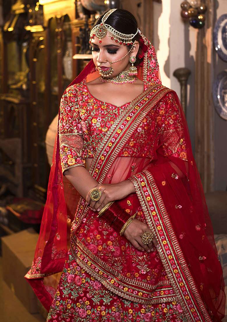Red Sequin Embroidered Mulberry Silk Blend Lehenga Set for Diwali and Festive Wear - Indya