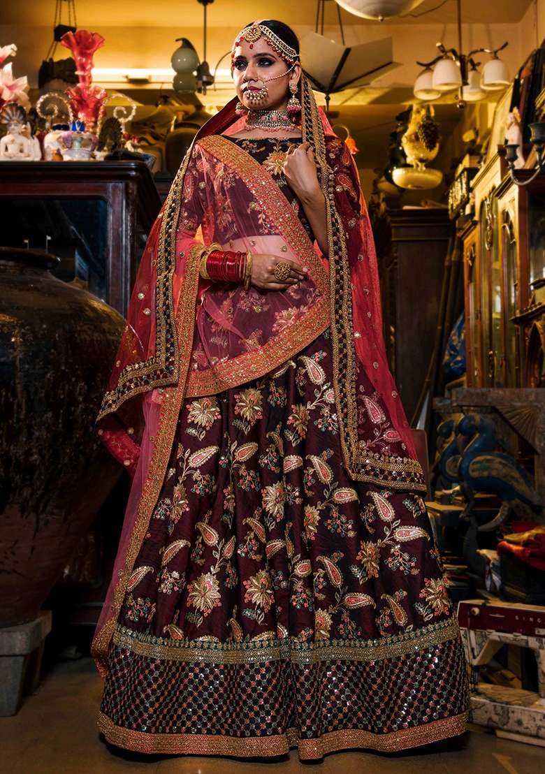 Dark Maroon Thread Taffeta Silk Blend Lehenga Set with Embroidered & Sequin for Diwali | Wedding & Festive Wear - Indya