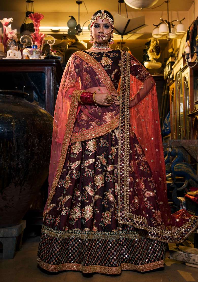 Dark Maroon Thread Taffeta Silk Blend Lehenga Set with Embroidered & Sequin for Diwali | Wedding & Festive Wear - Indya