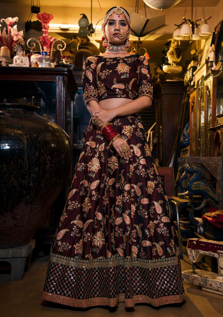 Dark Maroon Thread Taffeta Silk Blend Lehenga Set with Embroidered & Sequin for Diwali | Wedding & Festive Wear - Indya