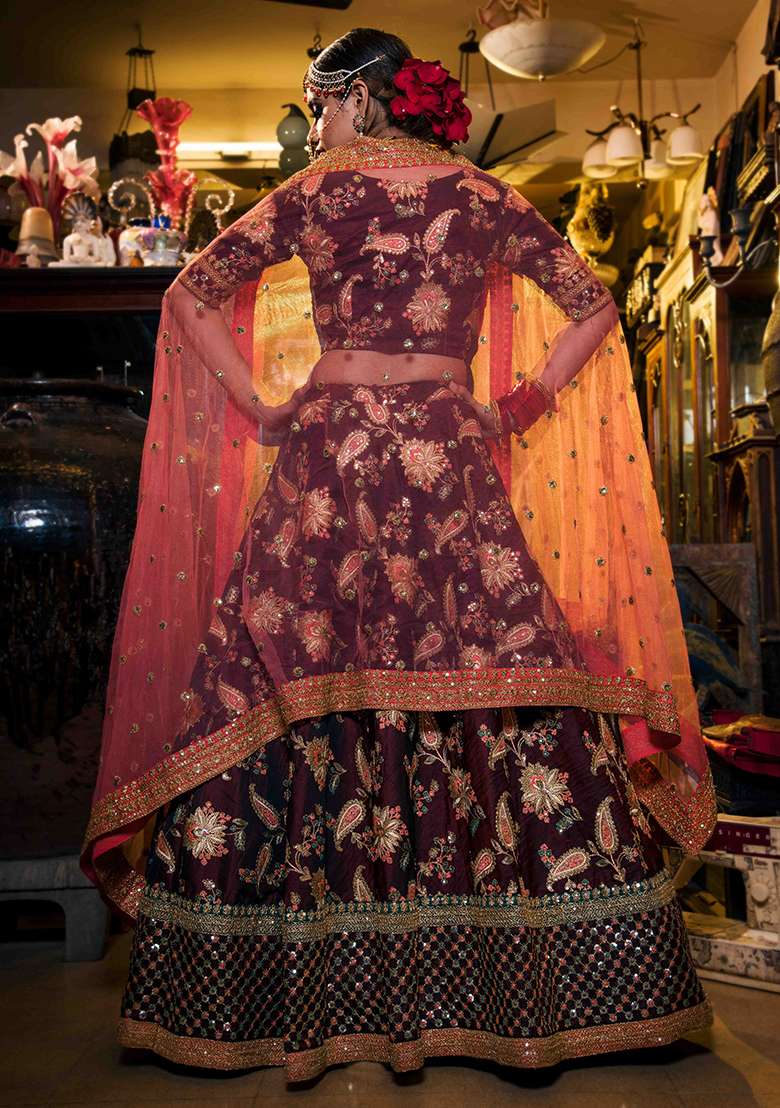 Dark Maroon Thread Taffeta Silk Blend Lehenga Set with Embroidered & Sequin for Diwali | Wedding & Festive Wear - Indya
