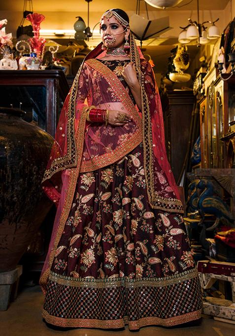 Dark Maroon Thread Sequin Embroidered Taffeta Silk Lehenga Set