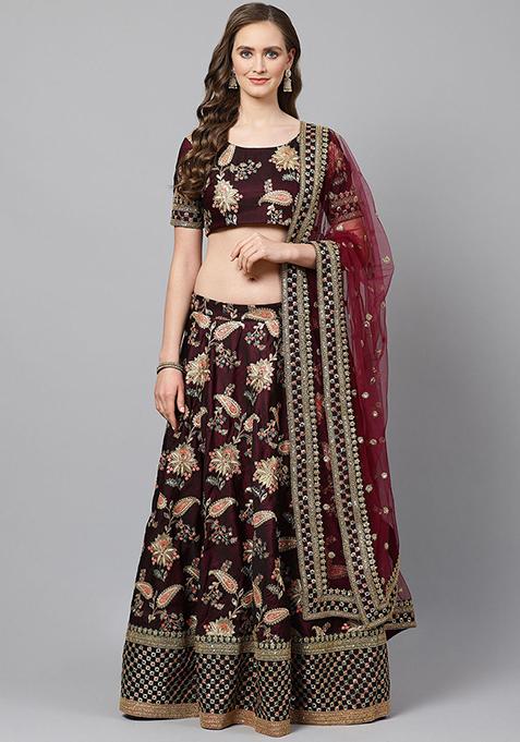 Dark Purple Thread Sequin Embroidered Taffeta Silk Lehenga Set