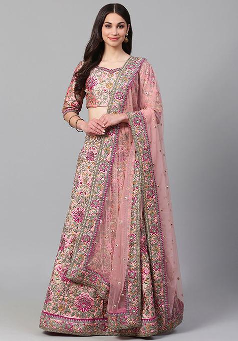 Pink Thread Sequin Embroidered Taffeta Silk Lehenga Set