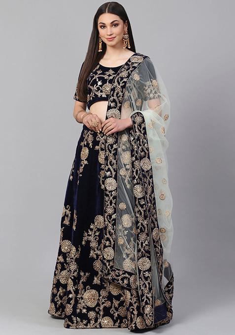 Navy Blue Dori Zari Embroidered Velvet Lehenga Set