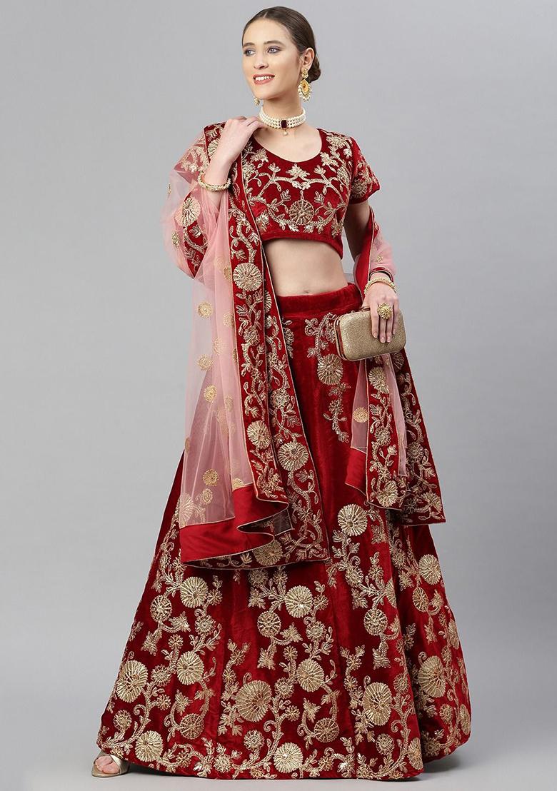 Maroon Dori Zari Embroidered Velvet Lehenga Set - Indya