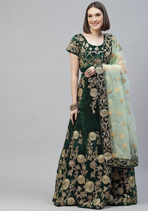 Dark Green Dori Zari Embroidered Velvet Lehenga Set