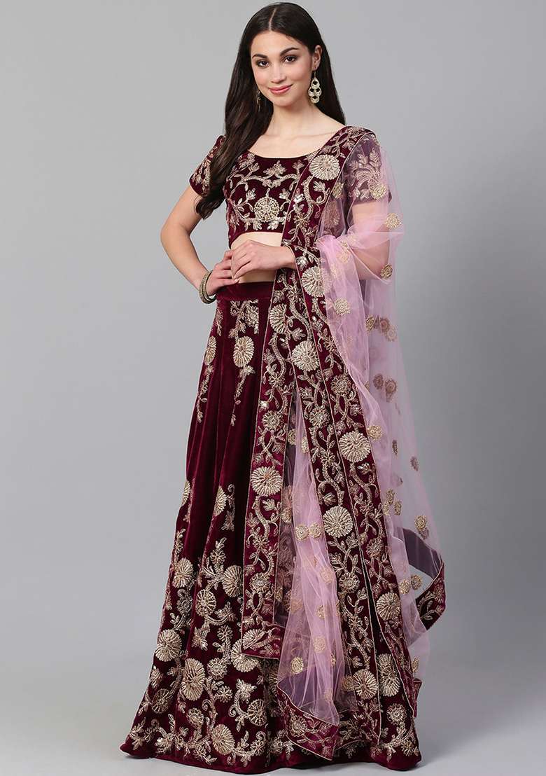 Purple Dori Zari Embroidered Velvet Lehenga Set for Diwali and Festive Wear - Indya