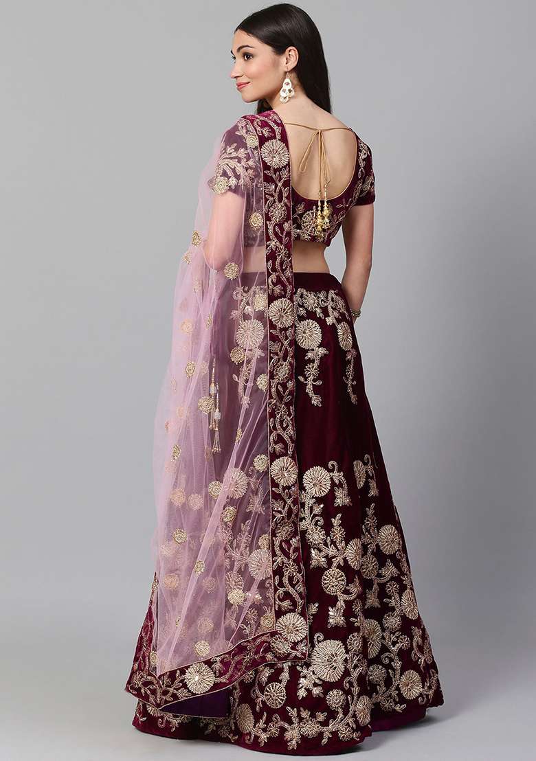 Purple Dori Zari Embroidered Velvet Lehenga Set for Diwali and Festive Wear - Indya