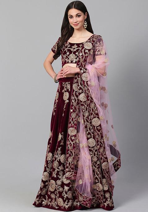 Purple Dori Zari Embroidered Velvet Lehenga Set