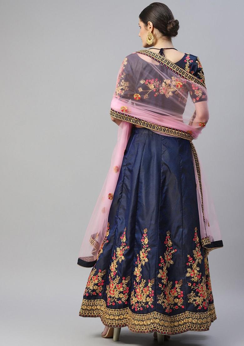 Dark Blue Thread Zari Embroidered Taffeta Satin Silk Lehenga Set - Indya