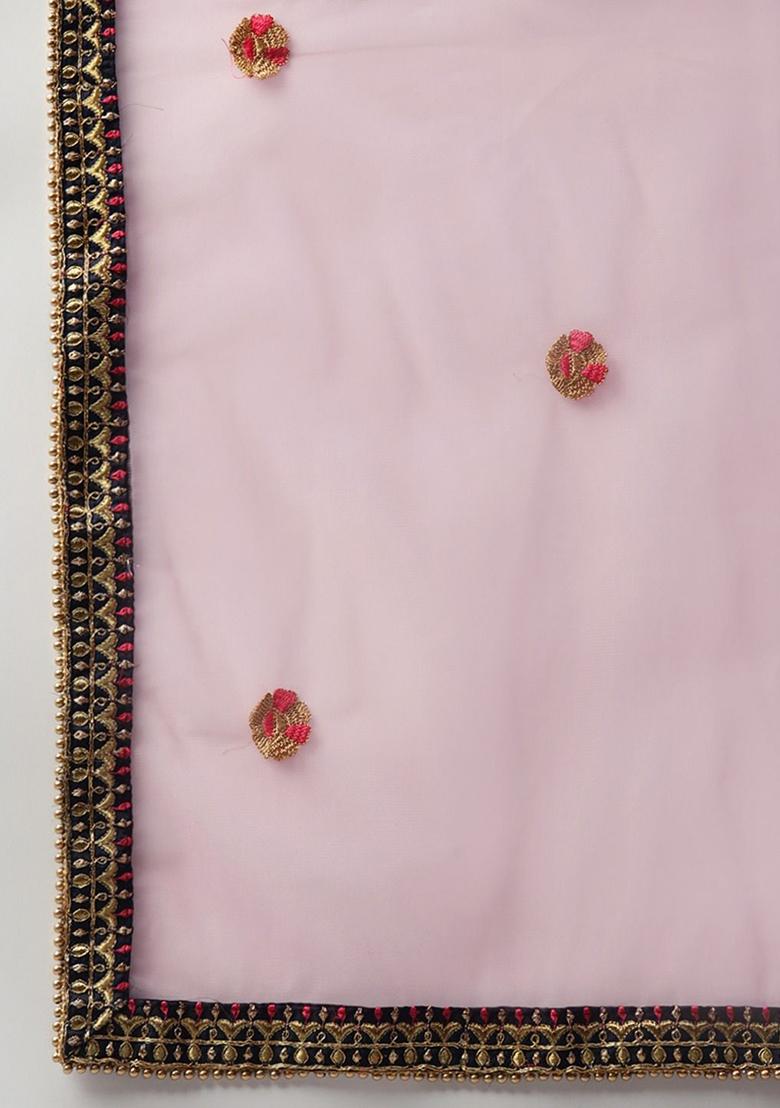 Dark Blue Thread Zari Embroidered Taffeta Satin Silk Lehenga Set - Indya