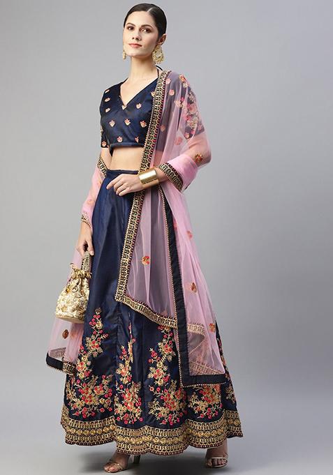 Dark Blue Thread Zari Embroidered Taffeta Satin Silk Lehenga Set