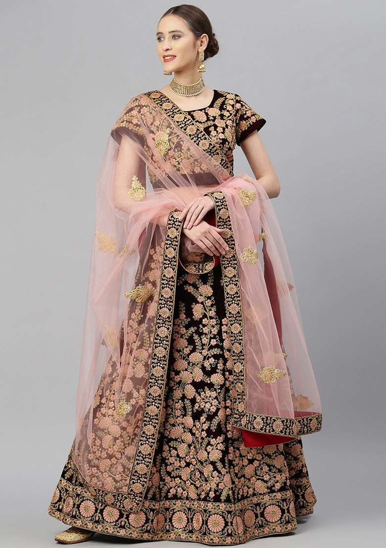 Maroon Dori Thread Embroidered Velvet Lehenga Set for Diwali and Festive Wear - Indya