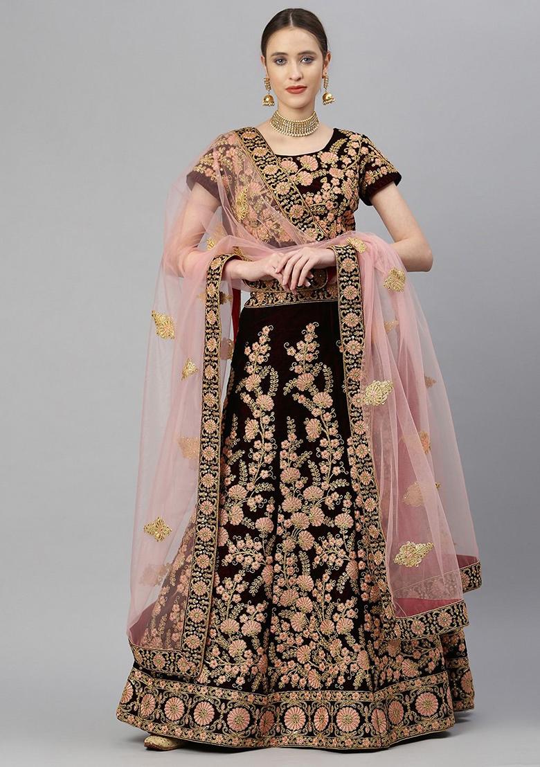 Maroon Dori Thread Embroidered Velvet Lehenga Set - Indya