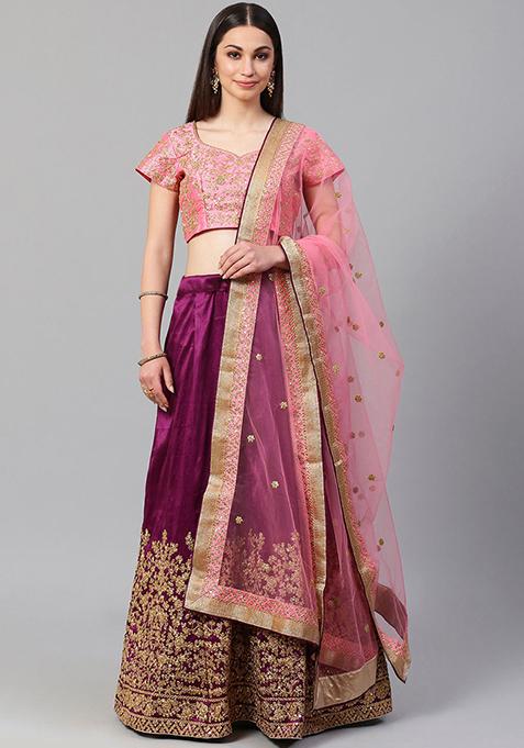 Purple Sequin Embroidered Mulberry Silk Lehenga Set