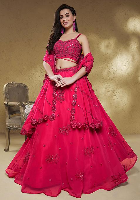 Pink Zari Sequin Embroidered Georgette Lehenga Set