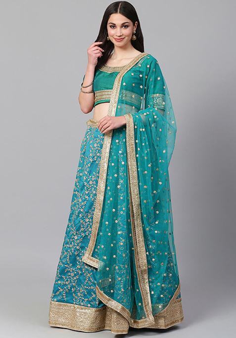 Turquoise Zari Sequin Embroidered Art Silk Lehenga Set