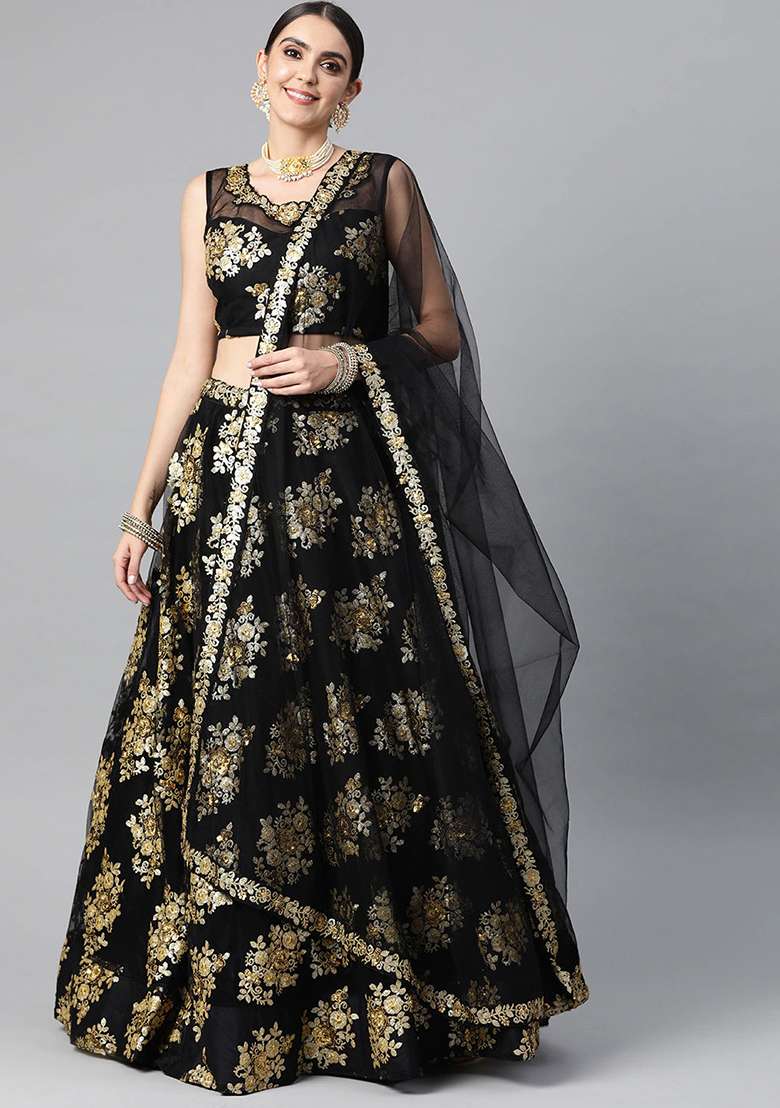 Black Zari Embroidered Net Lehenga Set for Diwali and Festive Wear - Indya