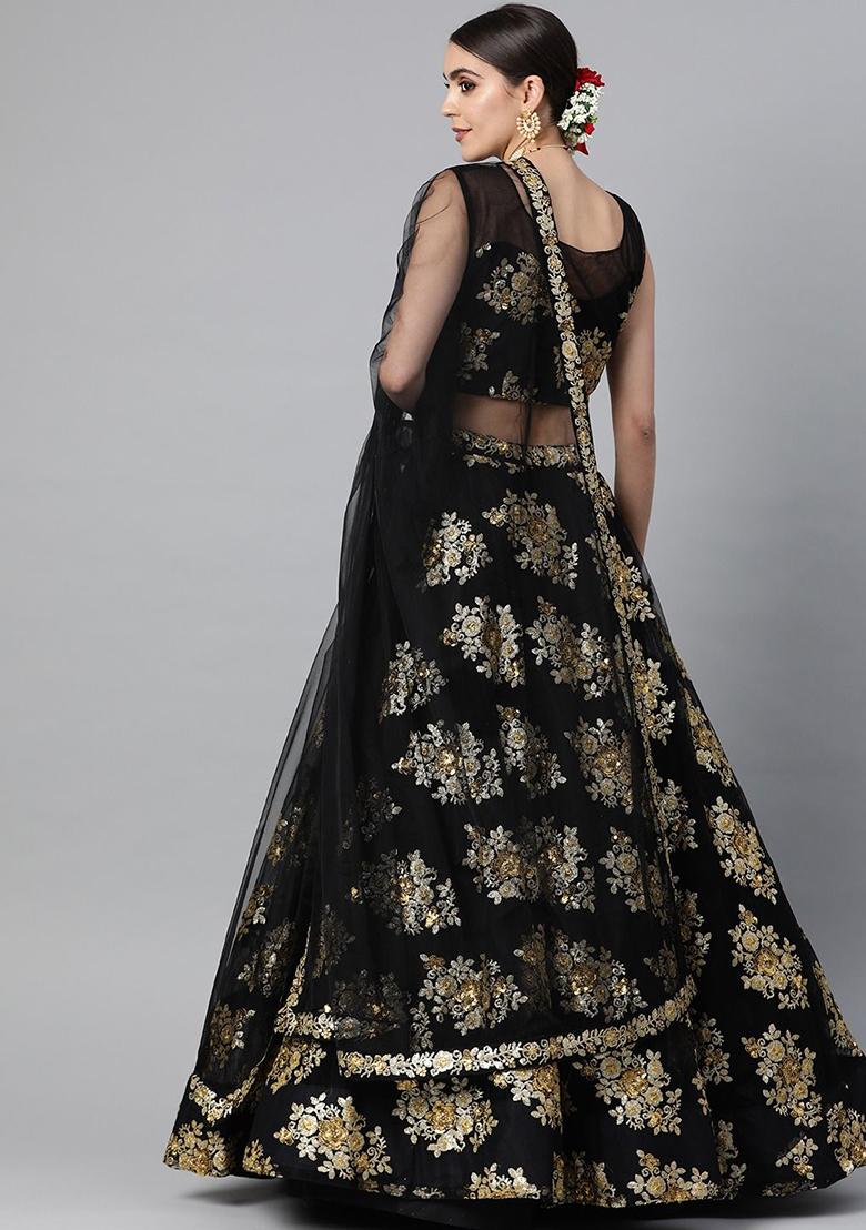 Black Zari Embroidered Net Lehenga Set - Indya