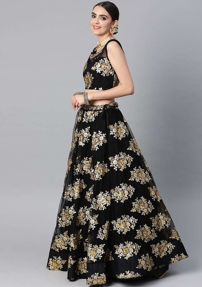 Black Zari Embroidered Net Lehenga Set for Diwali and Festive Wear - Indya
