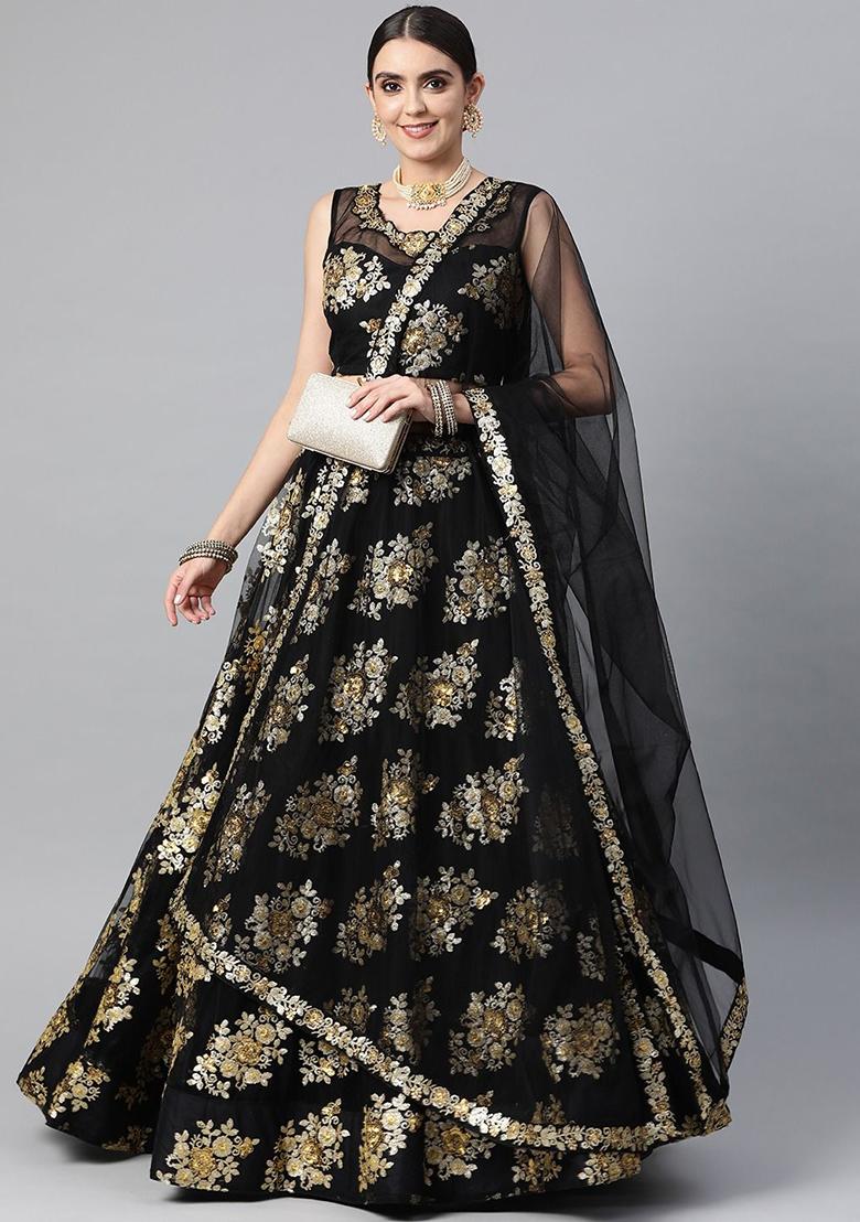 Black Zari Embroidered Net Lehenga Set - Indya