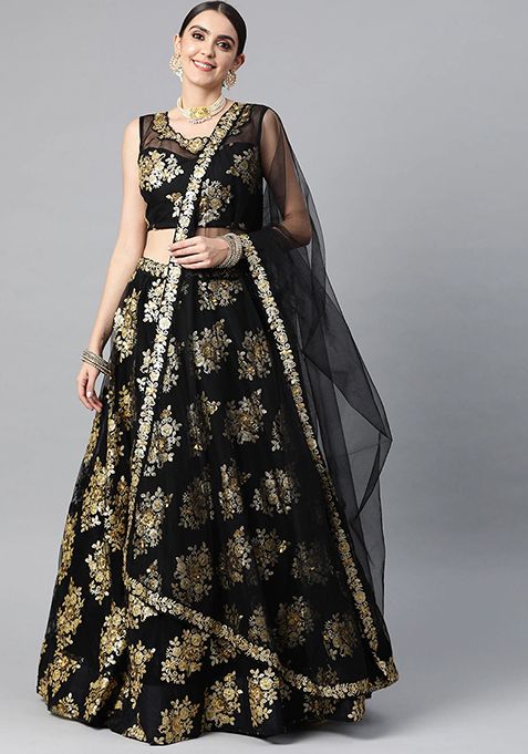 Black Zari Embroidered Net Lehenga Set