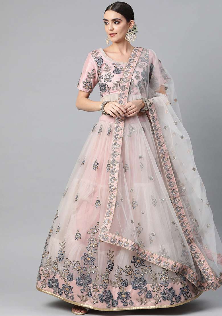 Grey Thread Zari Embroidered Net Lehenga Set for Diwali and Festive Wear - Indya