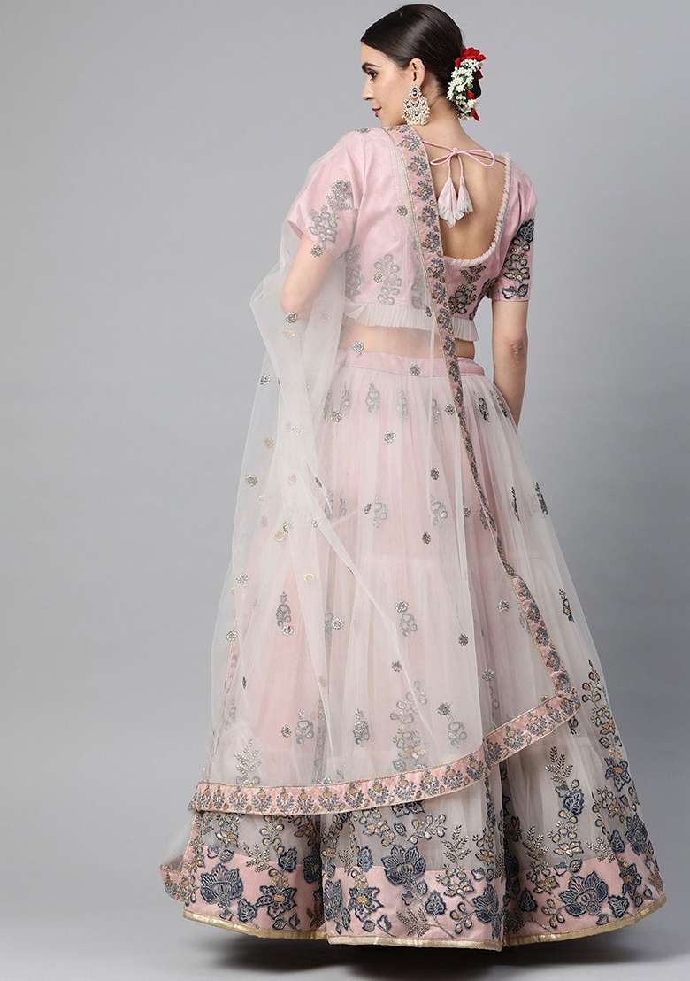 Grey Thread Zari Embroidered Net Lehenga Set for Diwali and Festive Wear - Indya