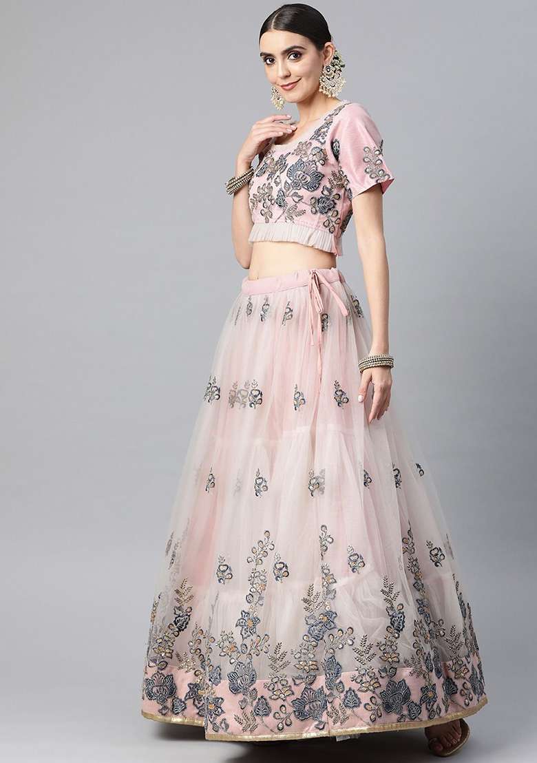 Grey Thread Zari Embroidered Net Lehenga Set for Diwali and Festive Wear - Indya
