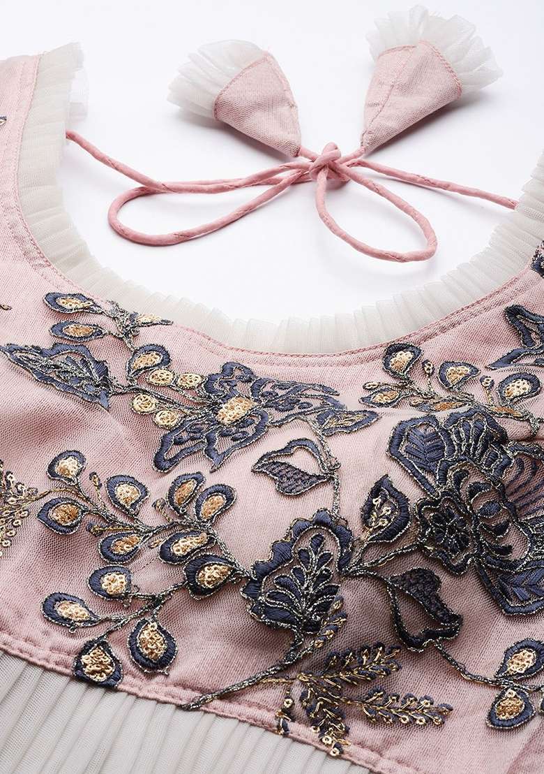 Grey Thread Zari Embroidered Net Lehenga Set for Diwali and Festive Wear - Indya