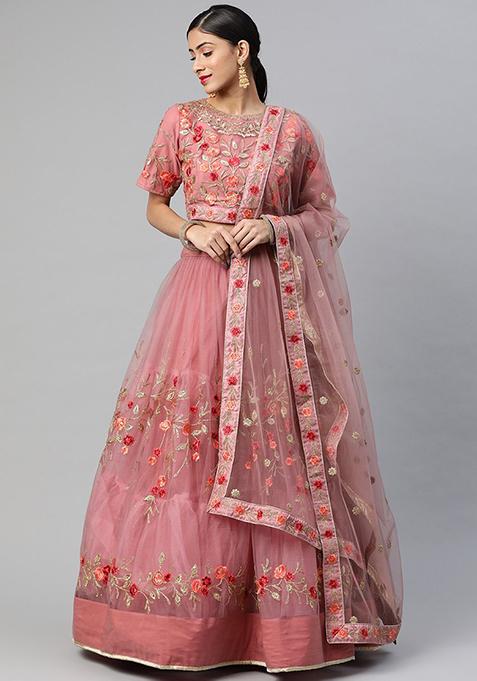 Dusty Pink Thread Zari Embroidered Net Lehenga Set