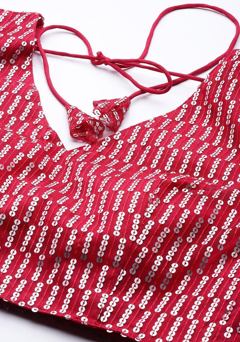 Hot Pink Thread Sequin Embroidered Net Lehenga Set - Indya