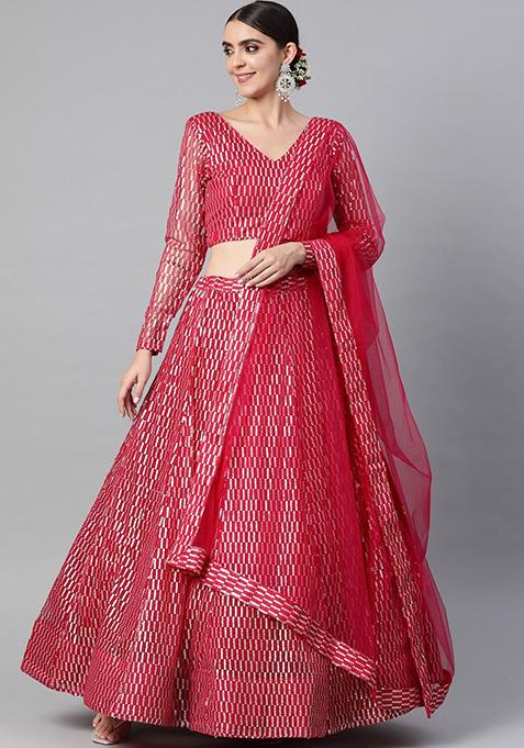 Hot Pink Thread Sequin Embroidered Net Lehenga Set