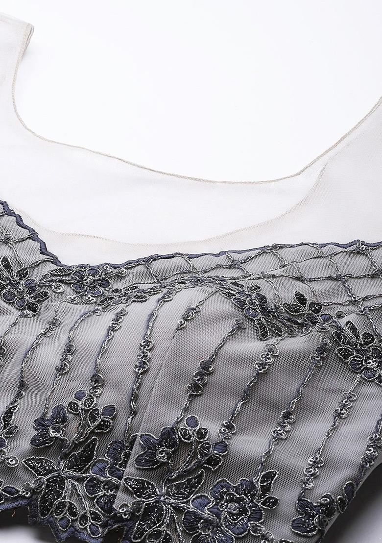 Grey Zari Dori Embroidered Net Lehenga Set - Indya