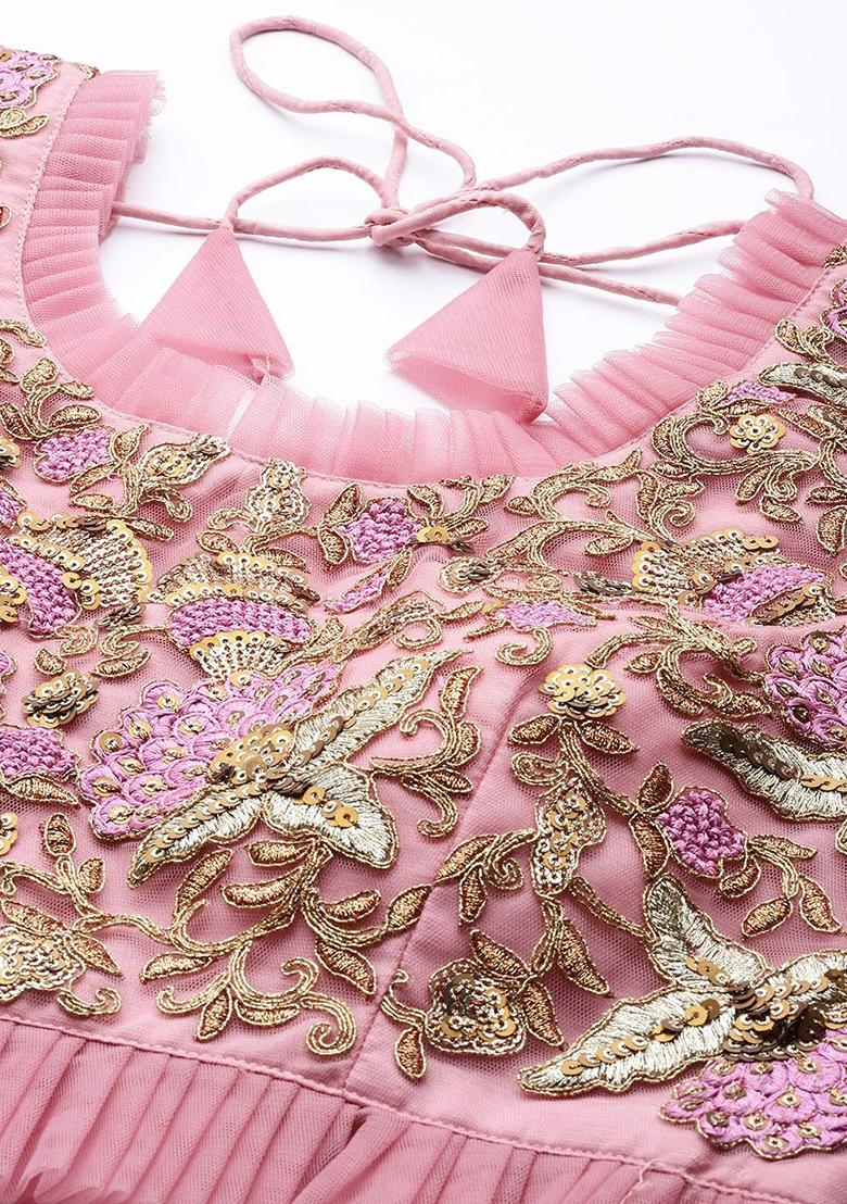 Blush Pink Zari Dori Embroidered Net Lehenga Set - Indya