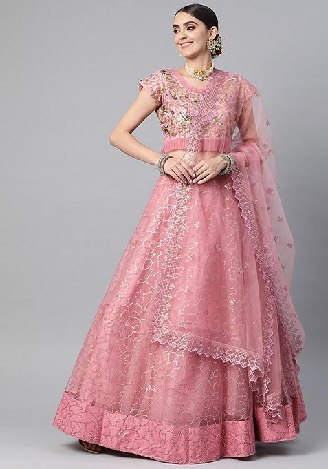 Blush Pink Zari Dori Embroidered Net Lehenga Set