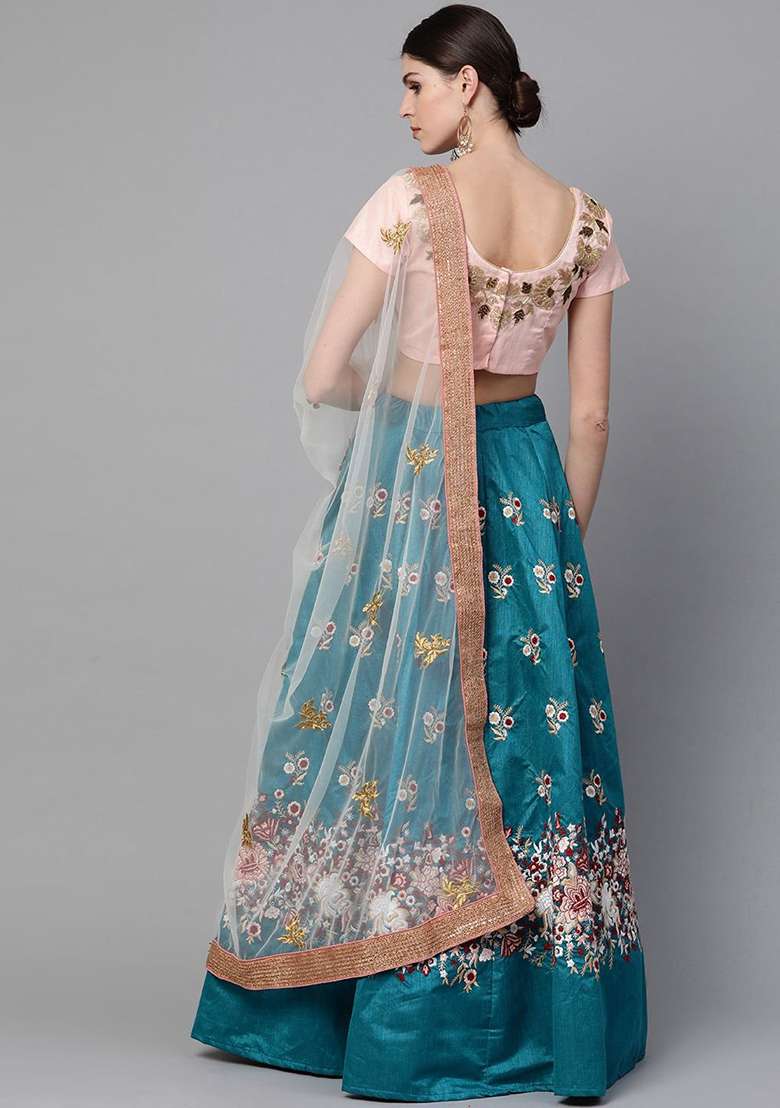 Teal Blue Resham Blend Raw Silk Lehenga Set with Embroidered & Sequin for Diwali | Wedding & Festive Wear - Indya
