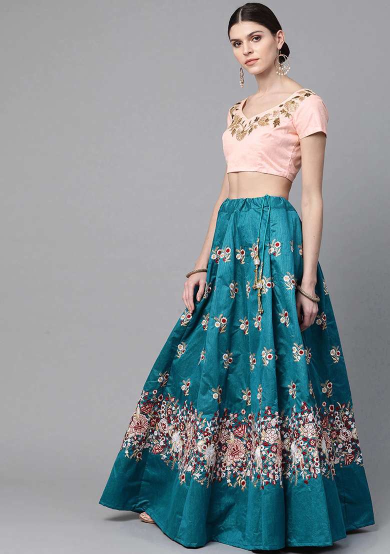 Teal Blue Resham Blend Raw Silk Lehenga Set with Embroidered & Sequin for Diwali | Wedding & Festive Wear - Indya