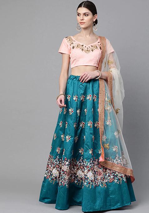 Teal Blue Sequin Resham Embroidered Raw Silk Lehenga Set