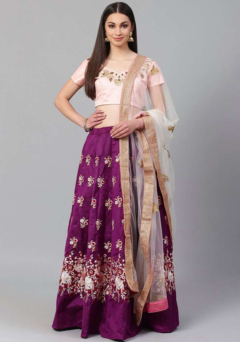 Purple Resham Blend Raw Silk Lehenga Set with Embroidered & Sequin for Diwali | Wedding & Festive Wear - Indya