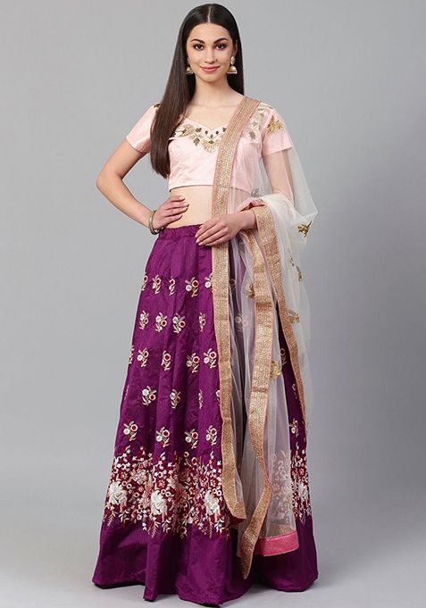 Purple Sequin Resham Embroidered Raw Silk Lehenga Set