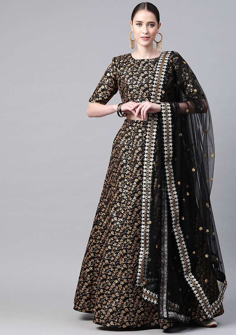 Black Sequin Zari Embroidered Raw Silk Blend Lehenga Set for Diwali and Festive Wear - Indya
