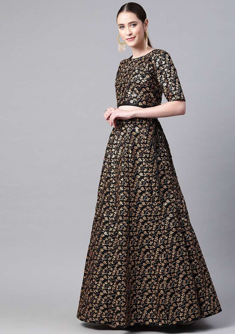Black Sequin Zari Embroidered Raw Silk Blend Lehenga Set for Diwali and Festive Wear - Indya