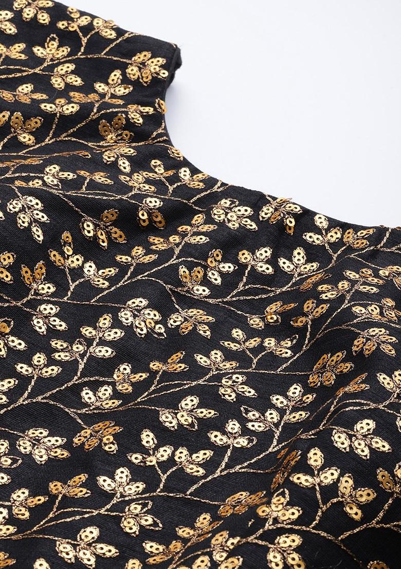 Black Sequin Zari Embroidered Raw Silk Lehenga Set - Indya