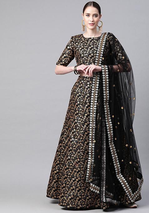 Black Sequin Zari Embroidered Raw Silk Lehenga Set