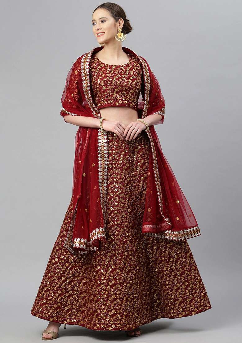 Maroon Zari Blend Raw Silk Lehenga Set with Embroidered & Sequin for Diwali | Wedding & Festive Wear - Indya