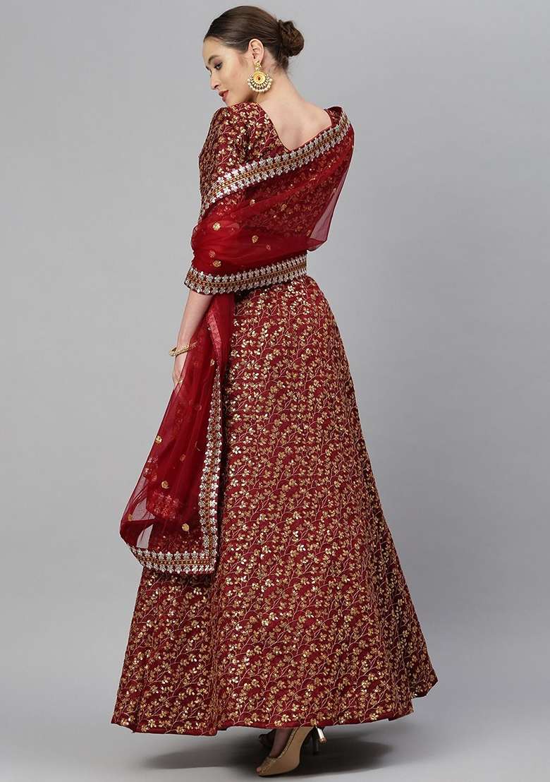 Maroon Zari Blend Raw Silk Lehenga Set with Embroidered & Sequin for Diwali | Wedding & Festive Wear - Indya