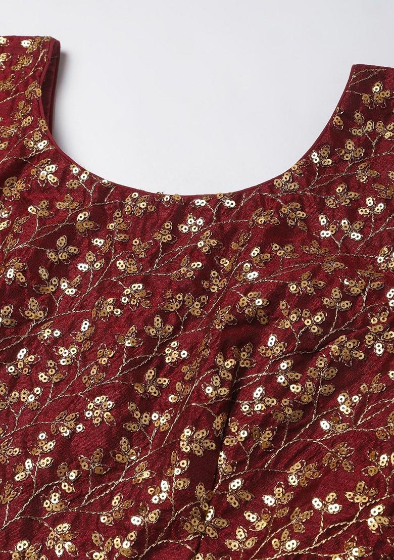 Maroon Sequin Zari Embroidered Raw Silk Lehenga Set - Indya